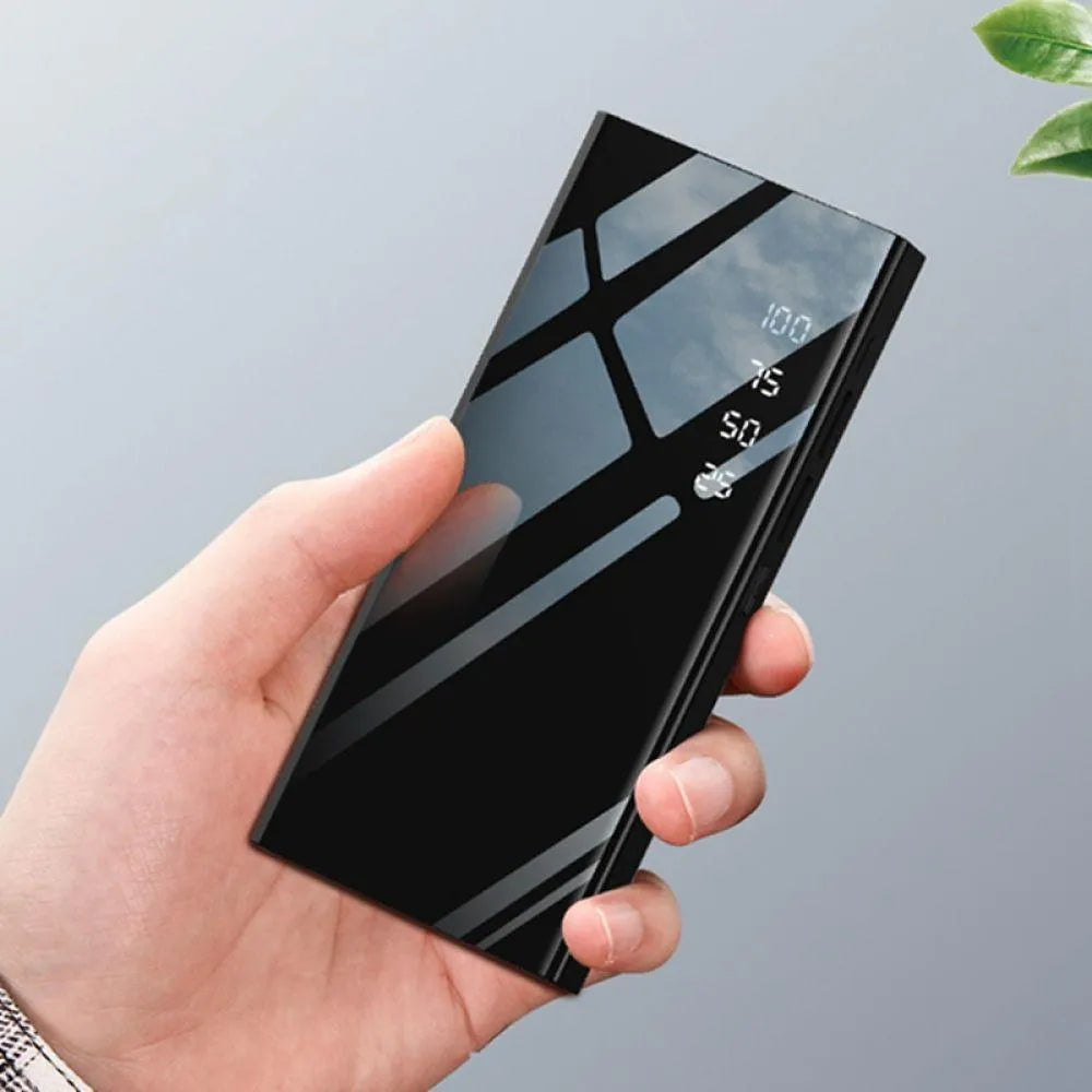 20000mAh power bank with LCD display showing battery percentage, dual USB ports, and LED light