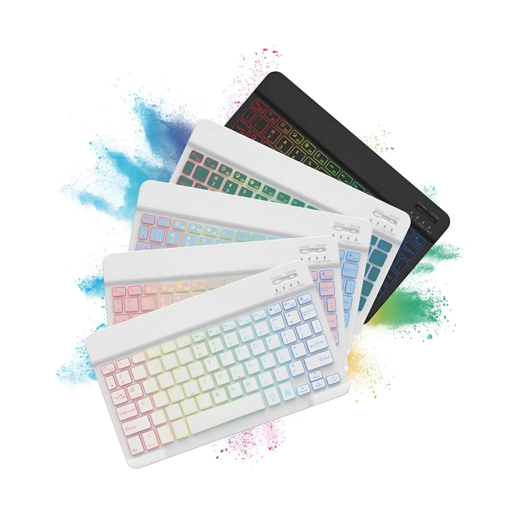 10-inch wireless Bluetooth keyboard with colourful backlighting on a desk next to a tablet.
