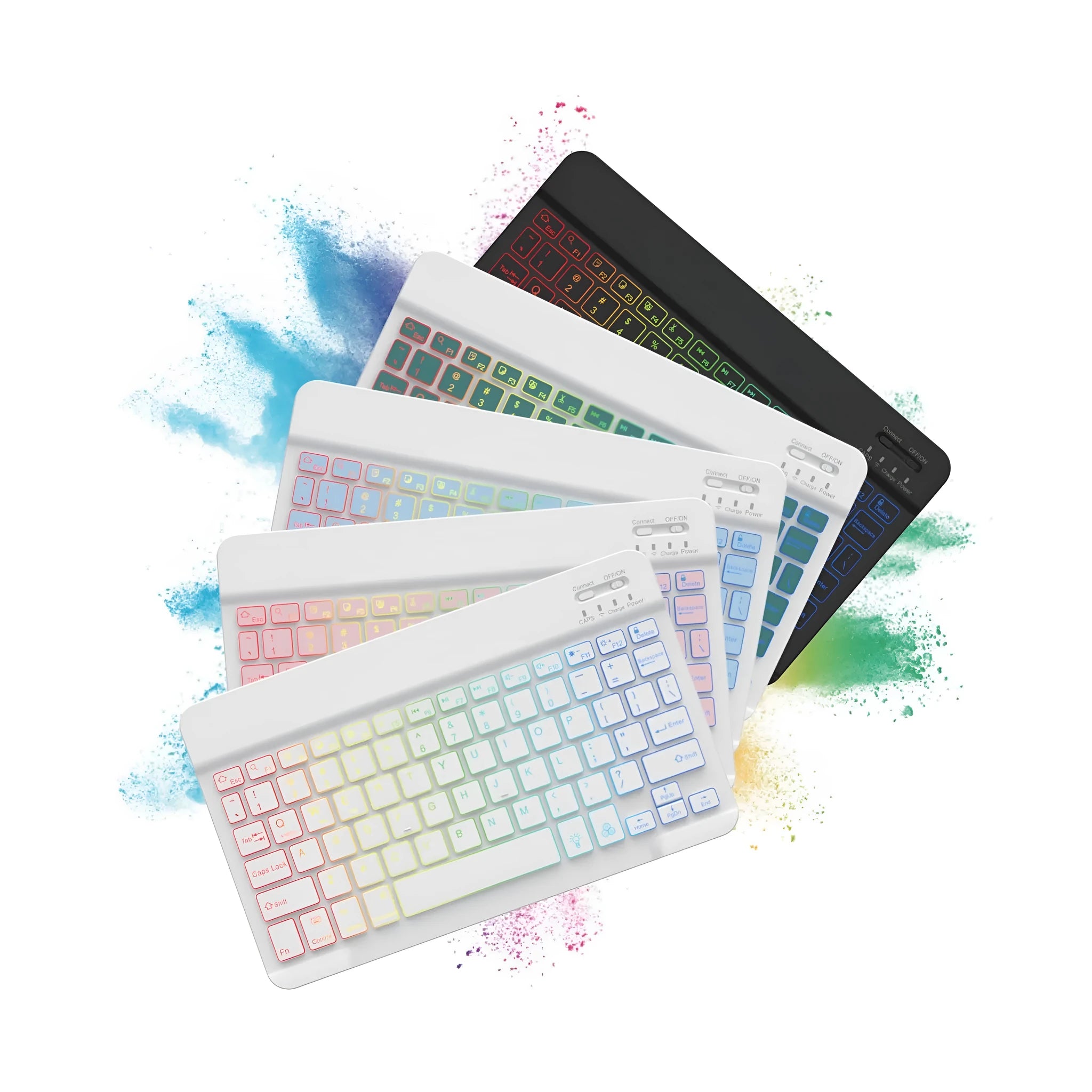 10-inch wireless Bluetooth keyboard with colourful backlighting on a desk next to a tablet.