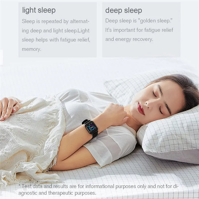 Black waterproof smart bracelet with 1.4-inch screen showing health metrics on silicone wrist strap