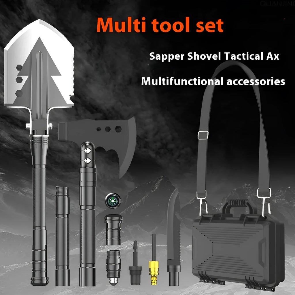 Black multi-functional military shovel and axe set with knife, laid out with its carry case.