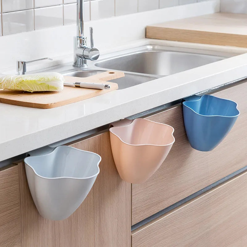 Nordic blue cabinet-mounted kitchen rubbish bin shown next to its dimensions.