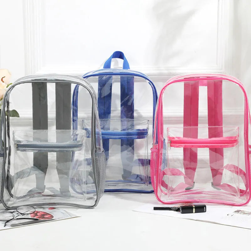 Transparent PVC backpack in multiple colours including black, grey, rose red and sapphire blue