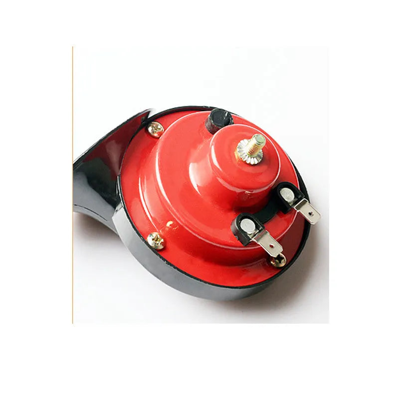 12V car snail horn in red and black with dual-tone high and low frequencies for vehicle