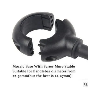 Black metal bicycle rearview mirror with hose adjustment clamp attached to handlebar