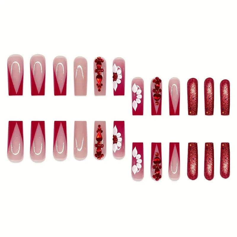 Sweet flowers pattern prismatic red diamond artificial nails in long European square style