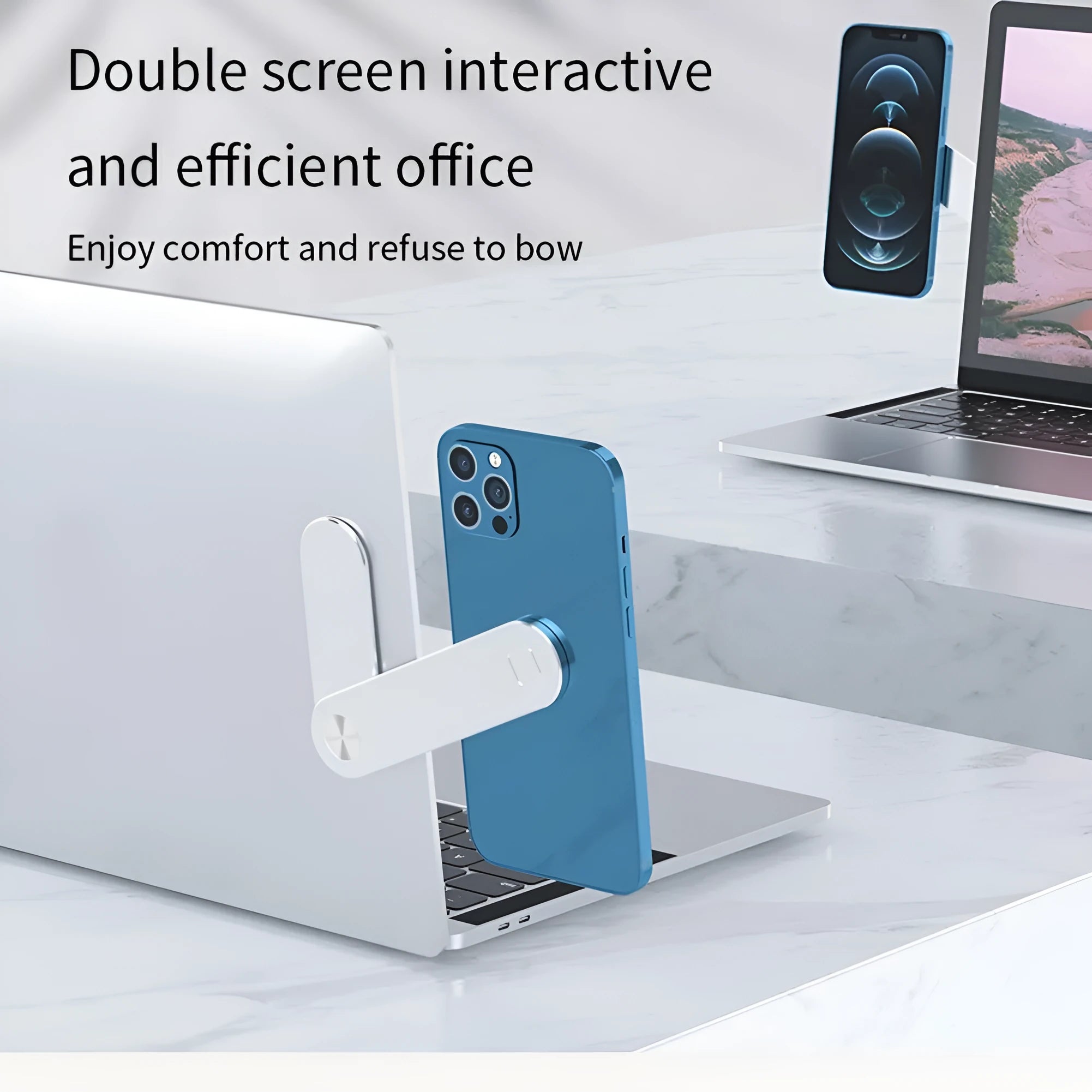 Black magnetic laptop phone holder clip attached to a monitor with a smartphone mounted.