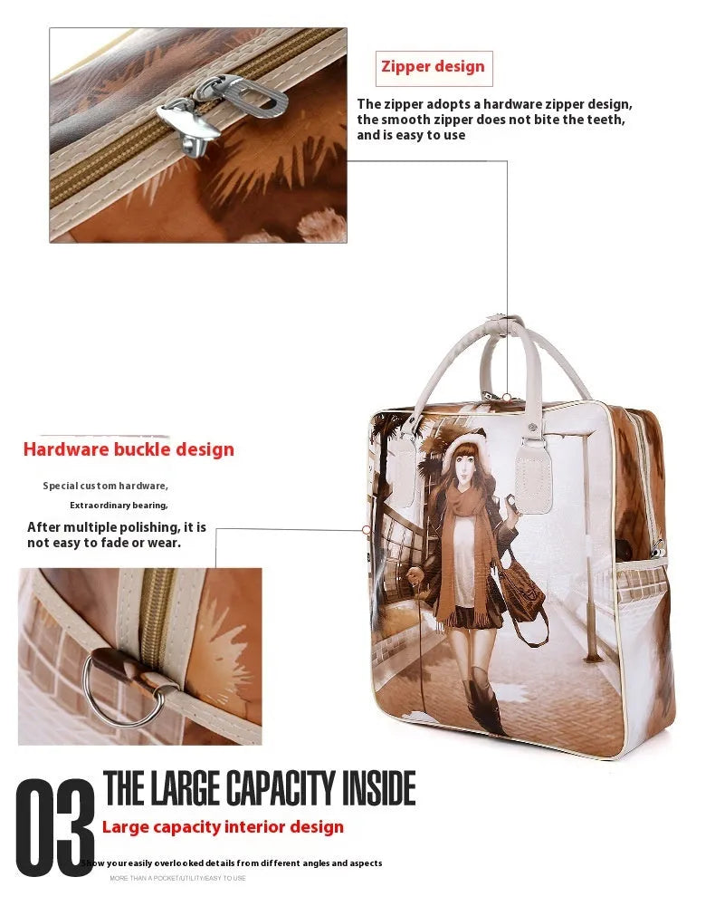 Medium square vertical travel handbag in PU leather with three-dimensional pockets and a soft handle.