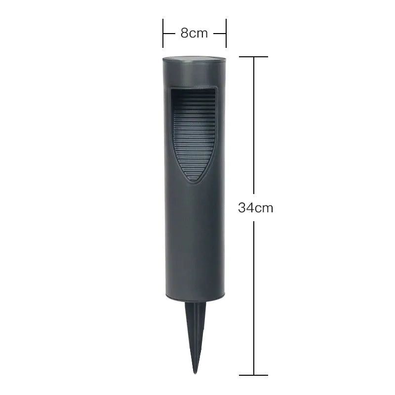 Black geometric solar-powered lawn light for outdoor garden use.