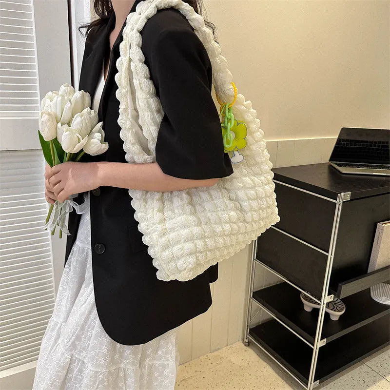 Women's soft polyester pleated bubble crossbody shoulder bag with detachable pendant