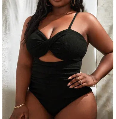 Black solid colour plus size women's one-piece sleeveless swimsuit
