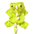 Green fleece dinosaur costume for small dogs with four legs, white chameleon back, and cartoon eyes