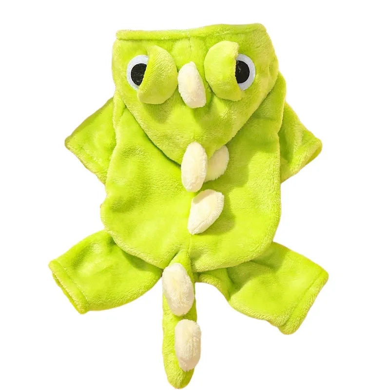 Green fleece dinosaur costume for small dogs with four legs, white chameleon back, and cartoon eyes