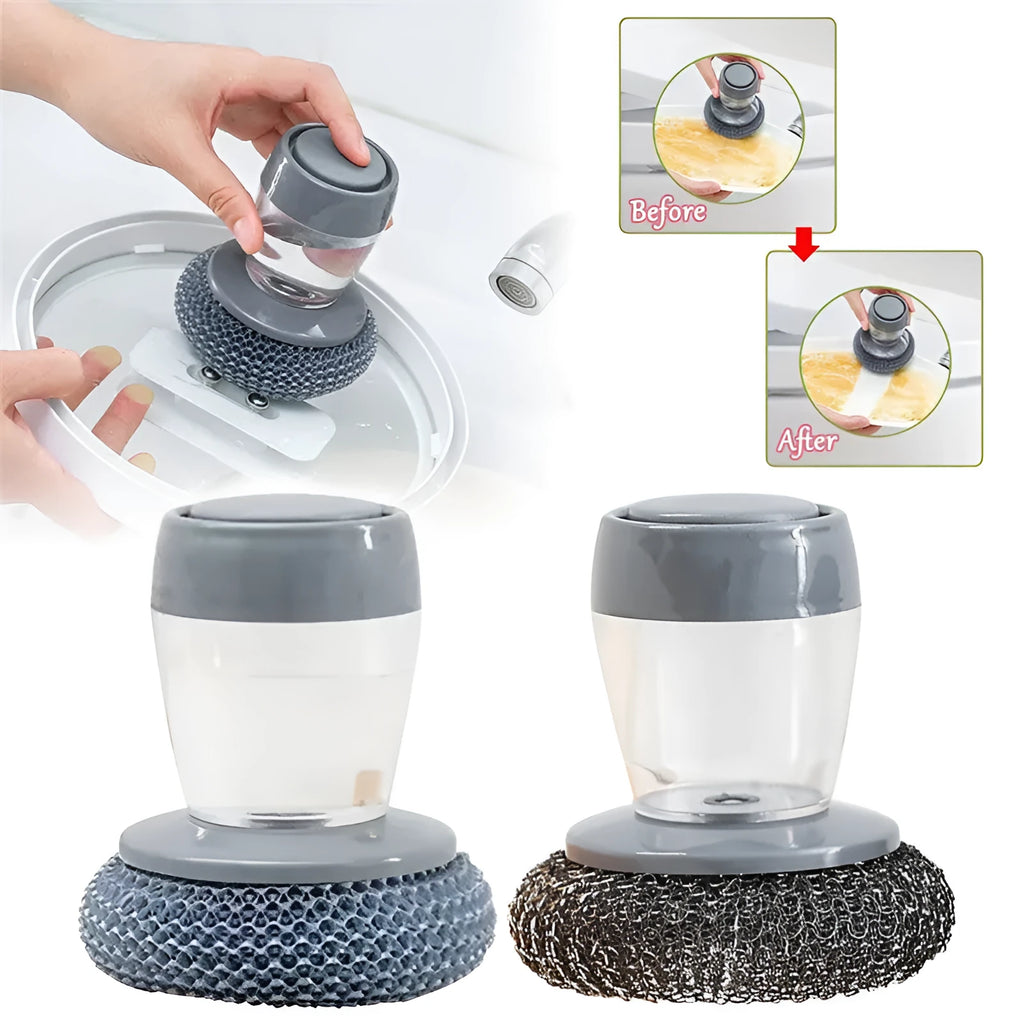 Push-type kitchen soap dispensing scrubber brush with PET construction on a kitchen counter.