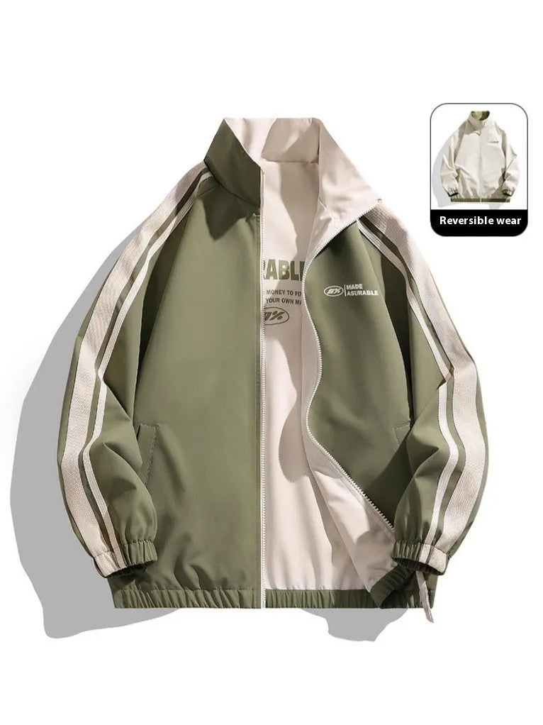 Men's casual double-sided wear stand-up collar jacket in sport style with side seam pockets, polyester fibre, black colour