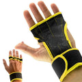 Pair of half-finger leather weightlifting gloves with wrist section in black, showing open fingertips.