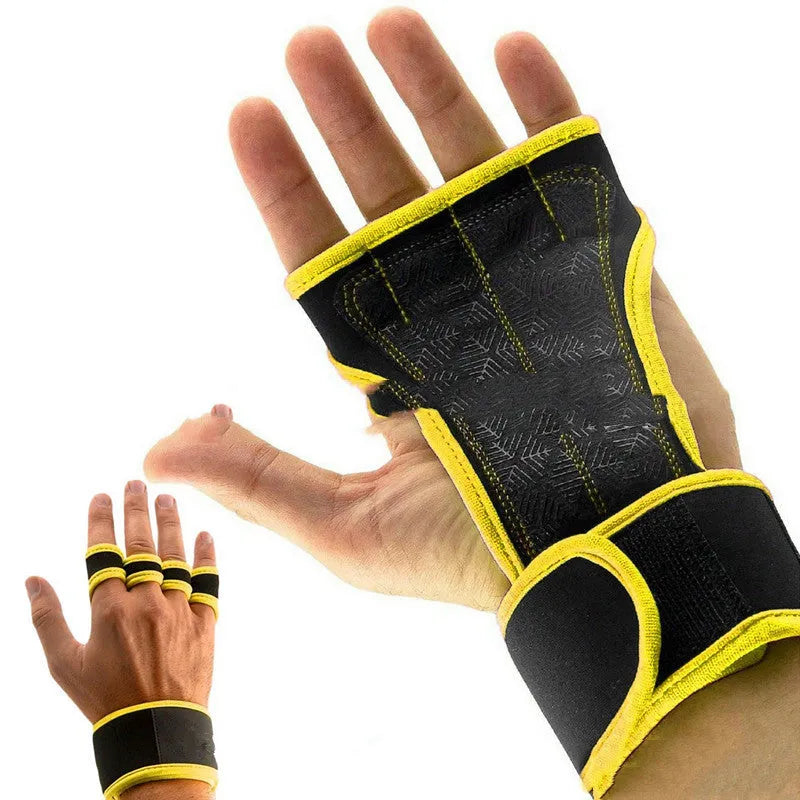 Pair of half-finger leather weightlifting gloves with wrist section in black, showing open fingertips.
