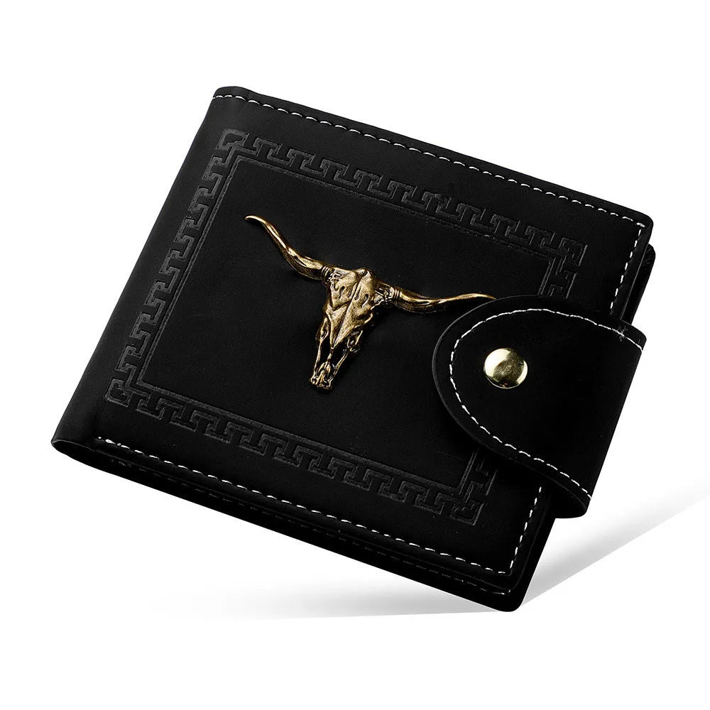 Black men's short wallet with animal pattern, zipper closure, and multiple card slots in PU leather
