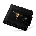 Black men's short wallet with animal pattern, zipper closure, and multiple card slots in PU leather