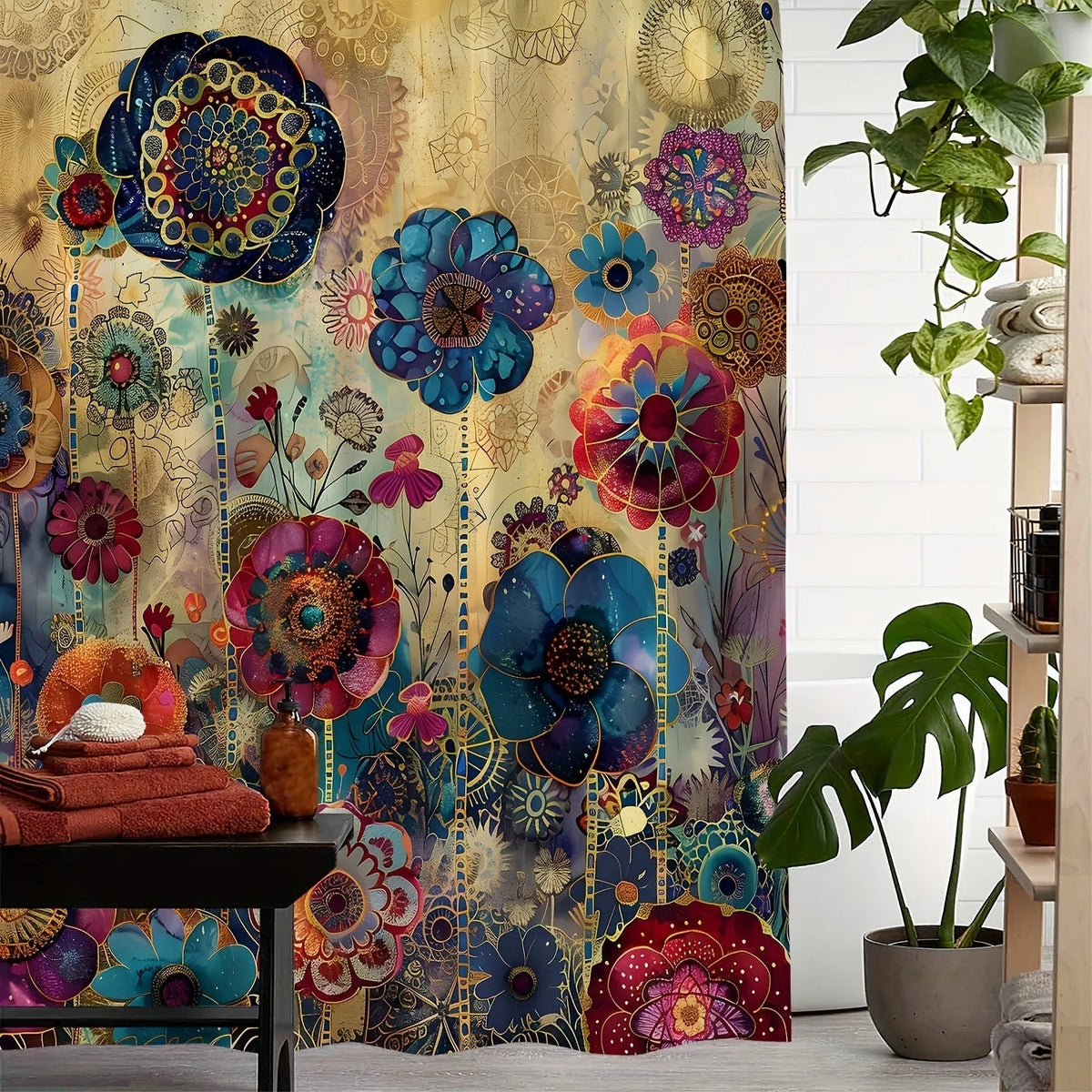 Retro creative flower waterproof polyester shower curtain for bathroom decoration, colour sfq-ys1, with 12 hooks
