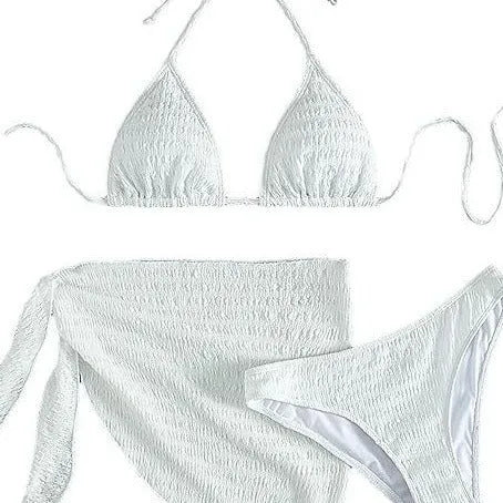 White lace-up split bikini swimsuit three-piece set with spandex fabric on woman at beach