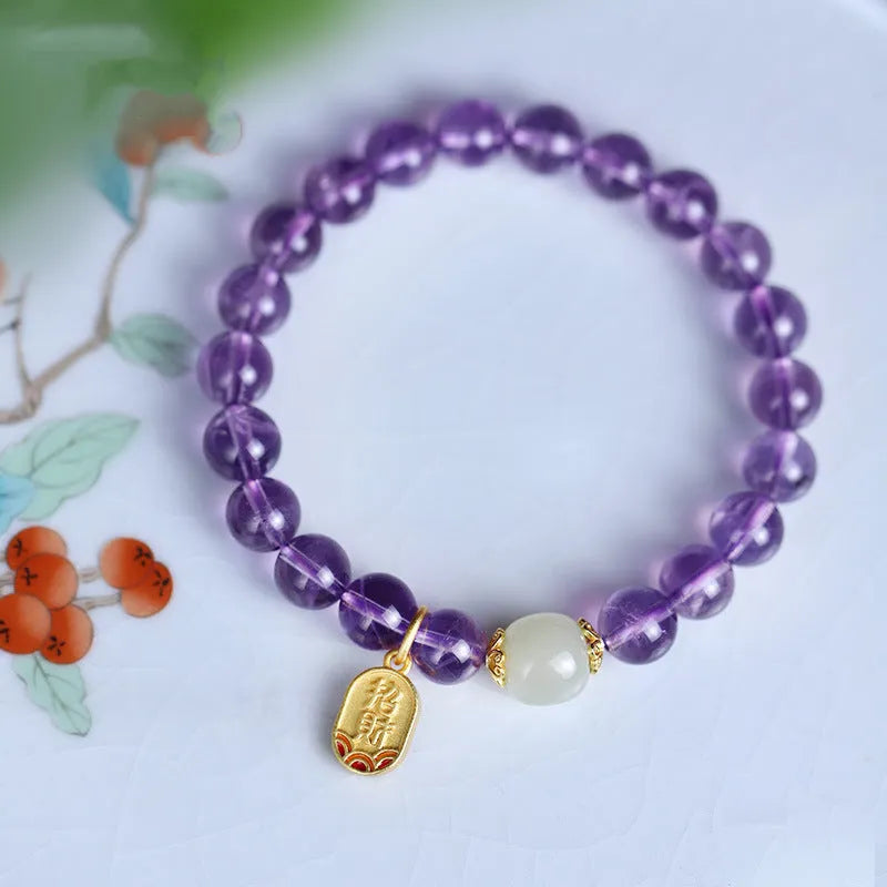 Purple amethyst crystal bracelet with 8mm beads in geometric Chinese design for women