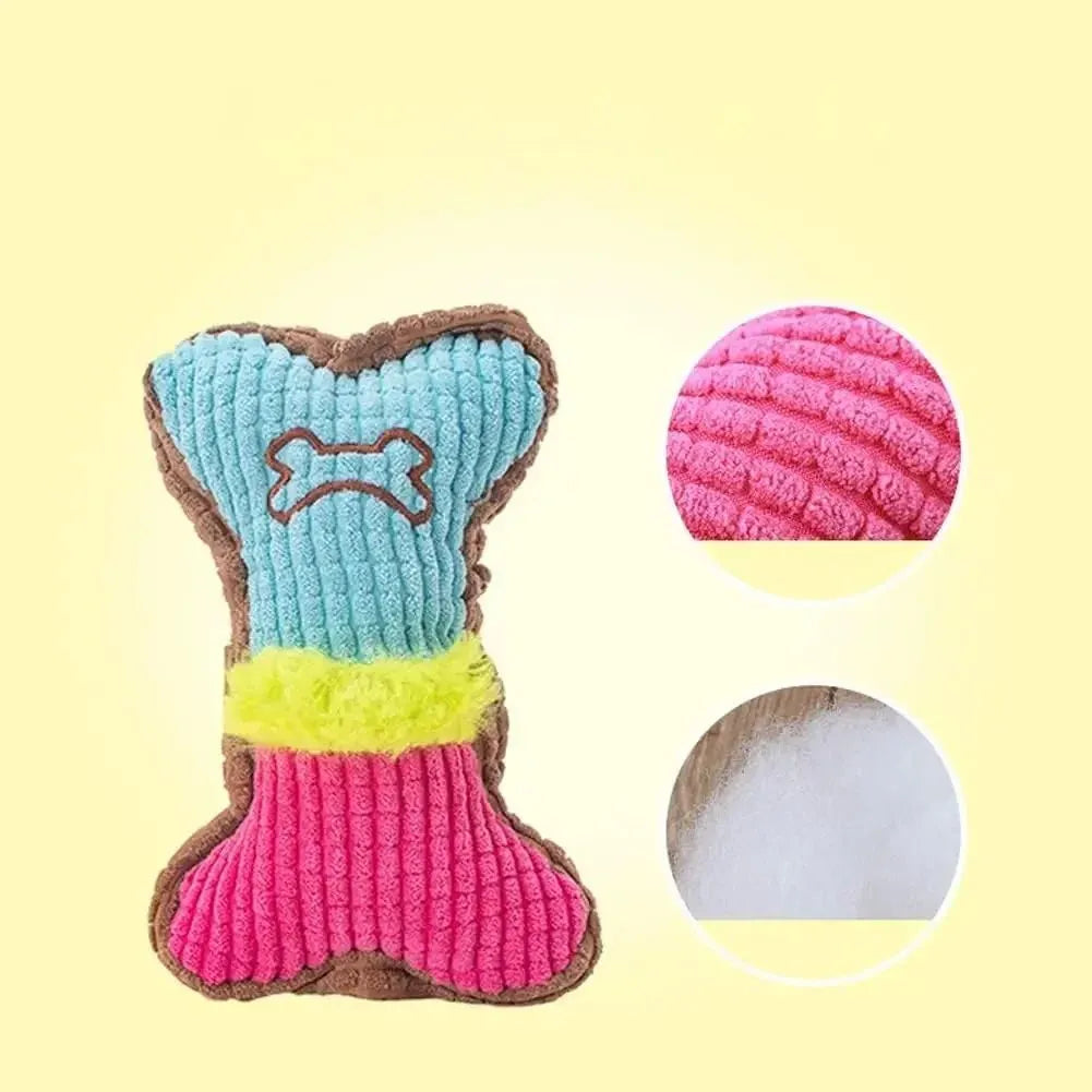 Three plush dog squeaky toys in assorted colours arranged together, showing 17cm size and soft fabric texture.