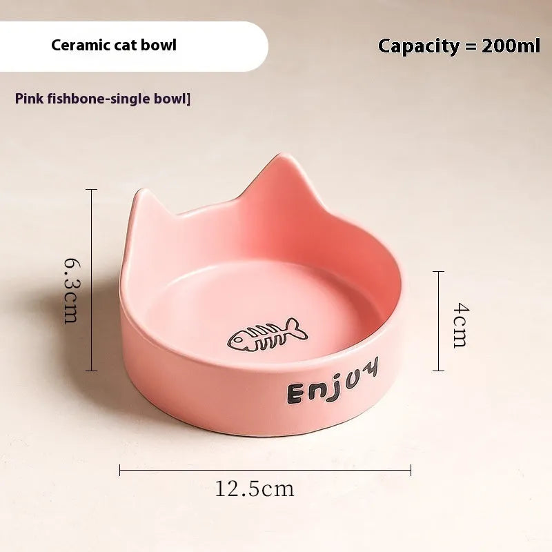 Porcelain cat bowl with cat ears rim and wooden anti-tumble frame in selected colour