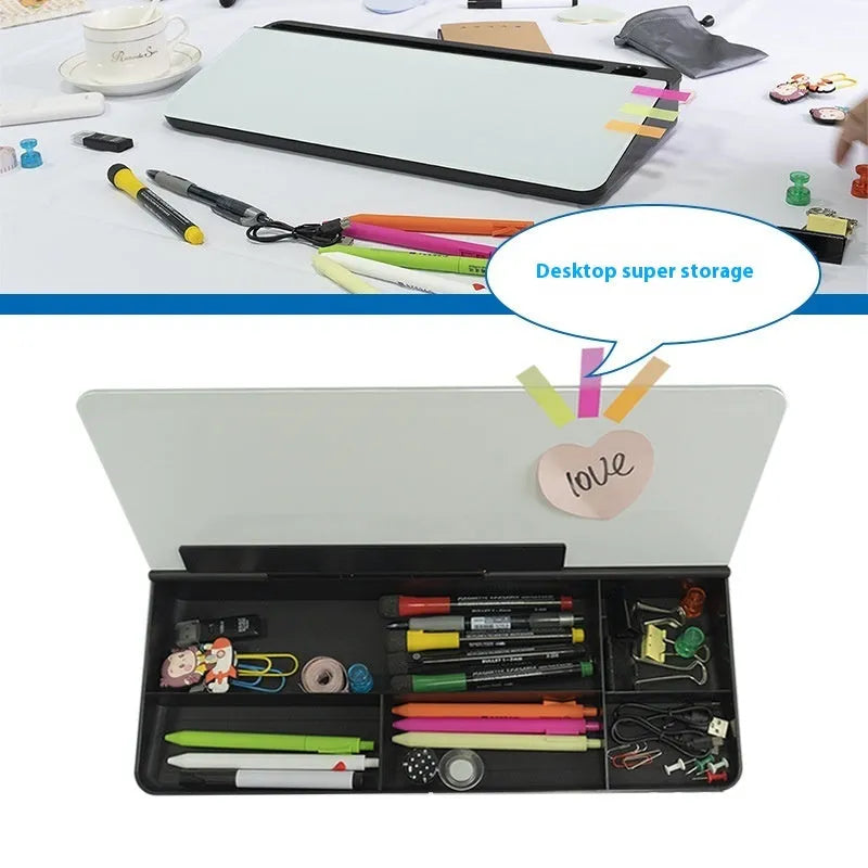 Glass whiteboard 18x40cm with black frame and marker on desk