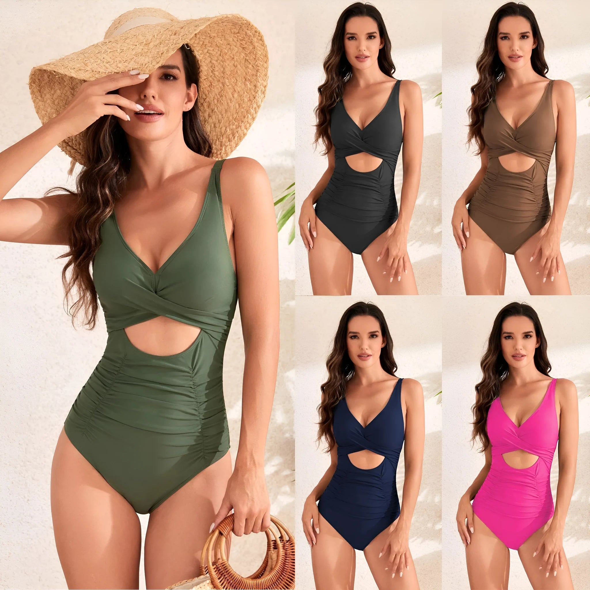 Solid colour high-waisted one-piece swimsuit with front pleating detail in navy blue