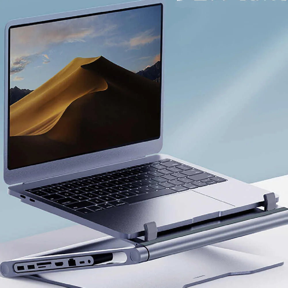 Aluminium alloy laptop stand in deep space grey with cave-type design and optional 8-in-1 docking station
