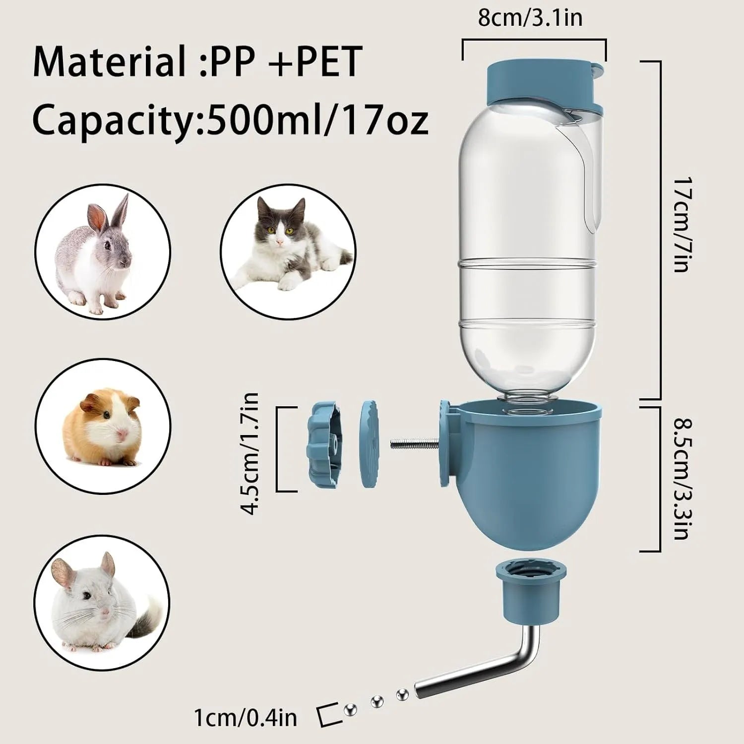 Blue small animal water bottle with rotatable nozzle and stainless steel ball valve for cage mounting