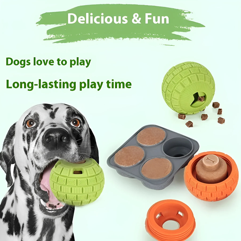 Green and orange natural rubber food dropping ball pet toy measuring 14cm