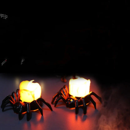 Spooky spider-themed candle holders with flickering flame effect for Halloween decor