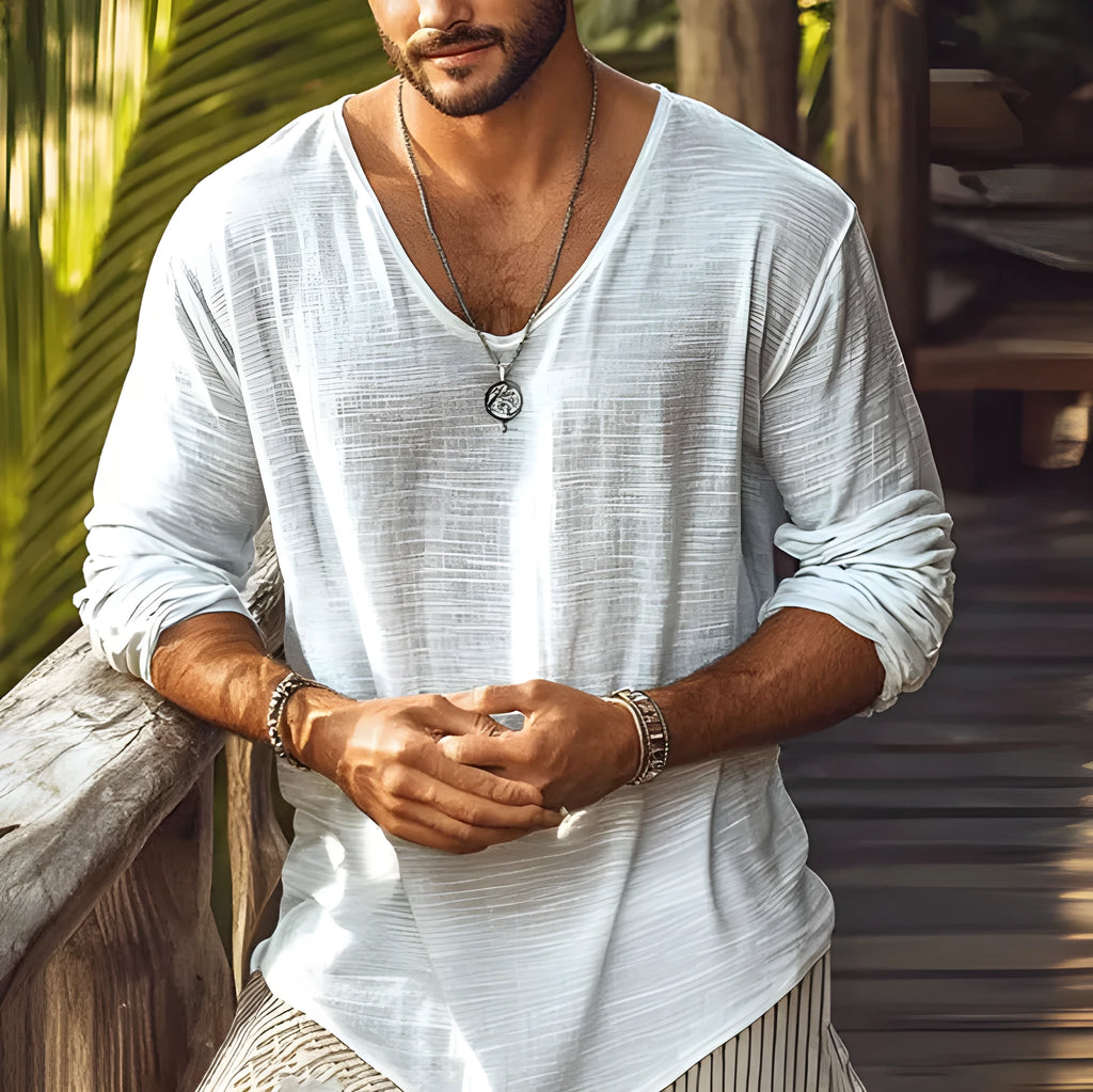 Beige V-neck long-sleeved slim fit t-shirt on a hanger