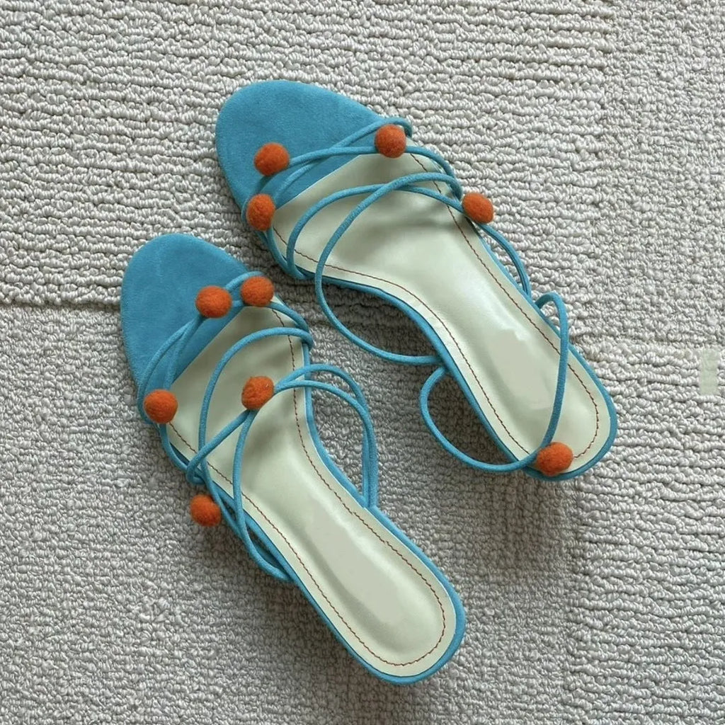 Cyan French leather women's high-heeled sandals with lace-up design and open toe