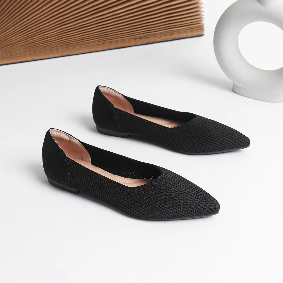 Women's knit flat pumps with pointed toe in microfiber, showing apricot colour option