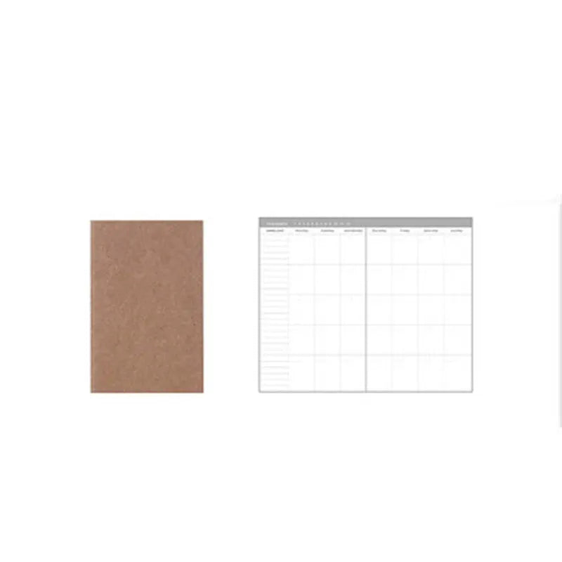 A5 kraft paper travel diary notebook with saddle stitching, open to show lined pages, on a wooden surface