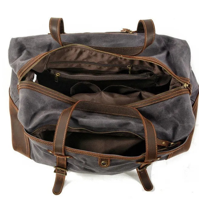 Men's canvas outdoor gym bag with waterproof oil wax leather trim in khaki colour