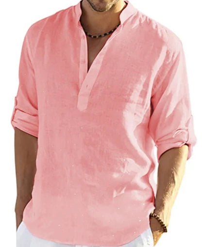 Stylish casual cotton and linen men's shirt with stand collar in various colors