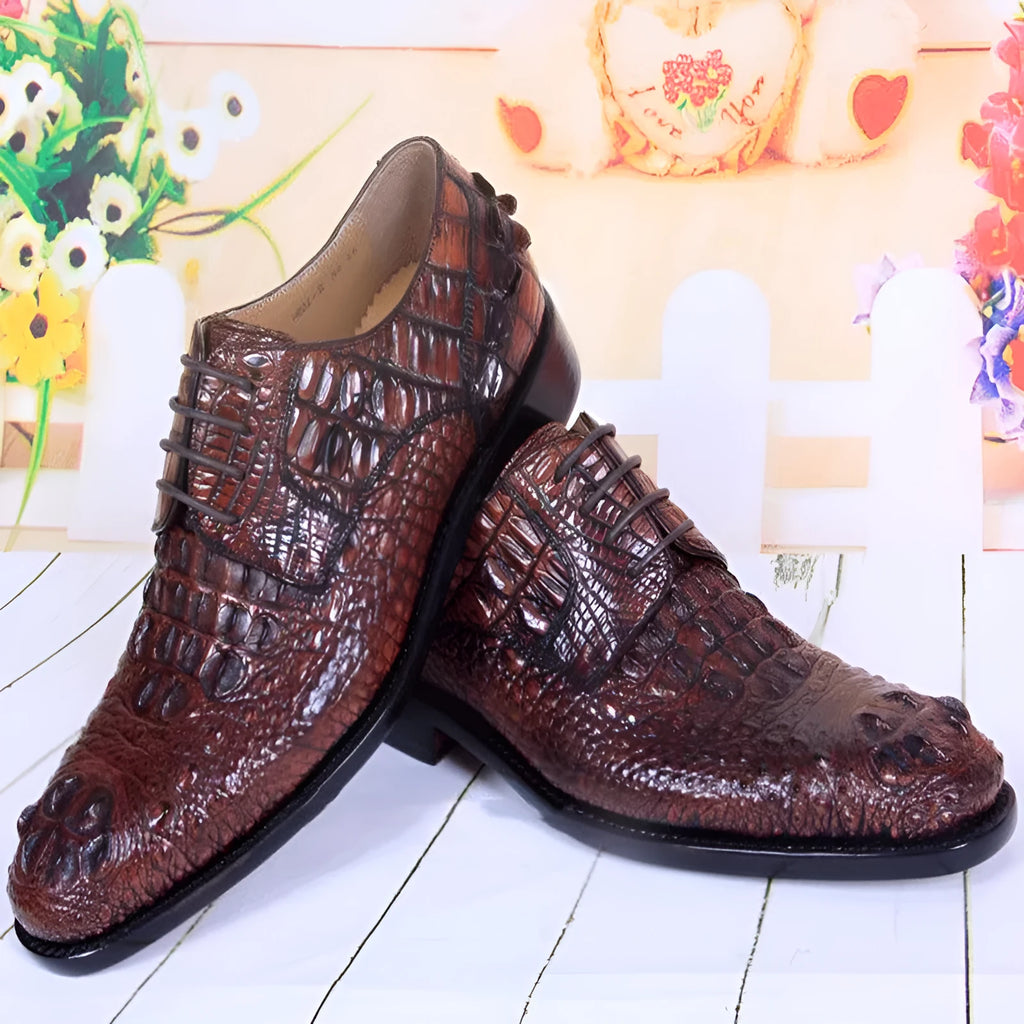 Men's brown crocodile skin dress shoes with leather sole, low-top business style, sizes 38-47