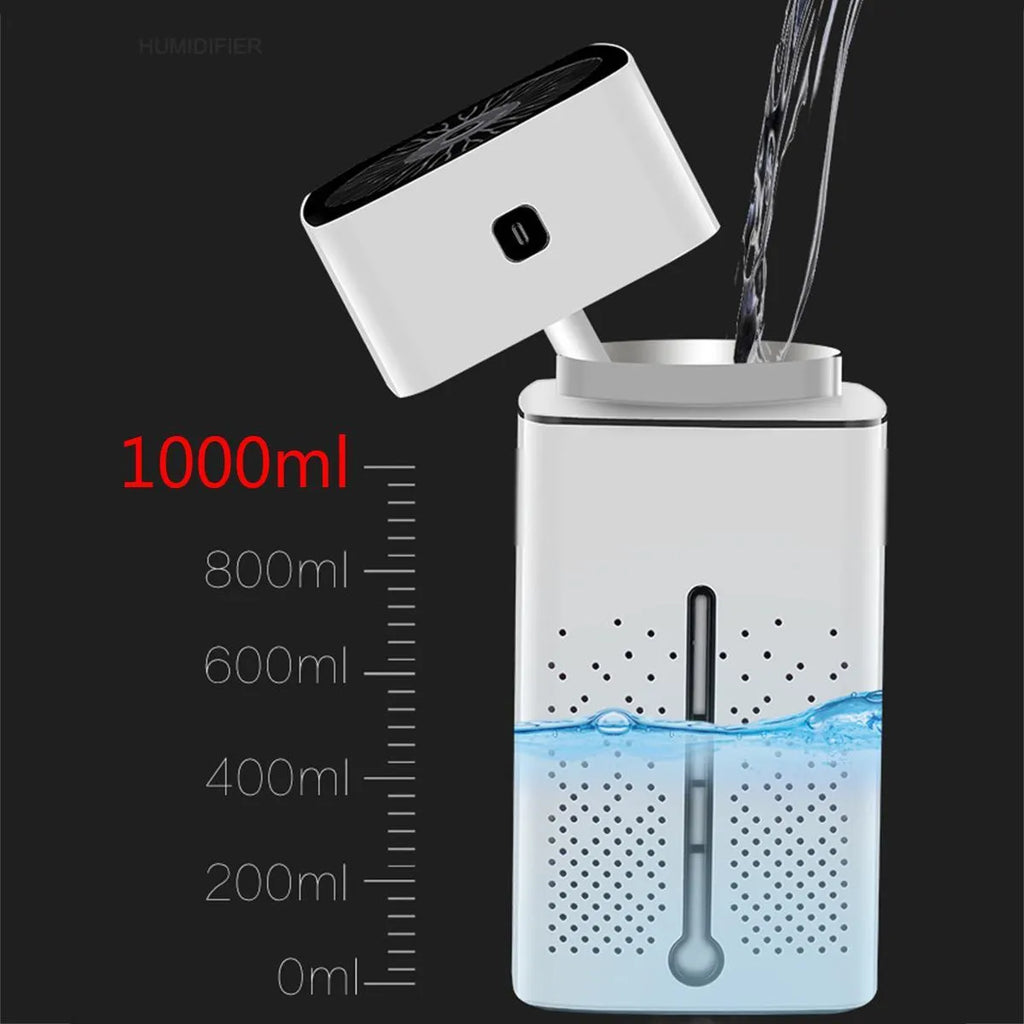 Black or white USB-powered desktop humidifier with 1000ml capacity measuring 103x103x218mm