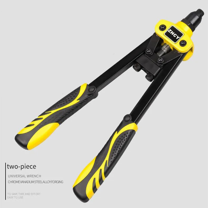 Yellow 13-inch manual rivet gun with three built-in tip sizes for household repair work