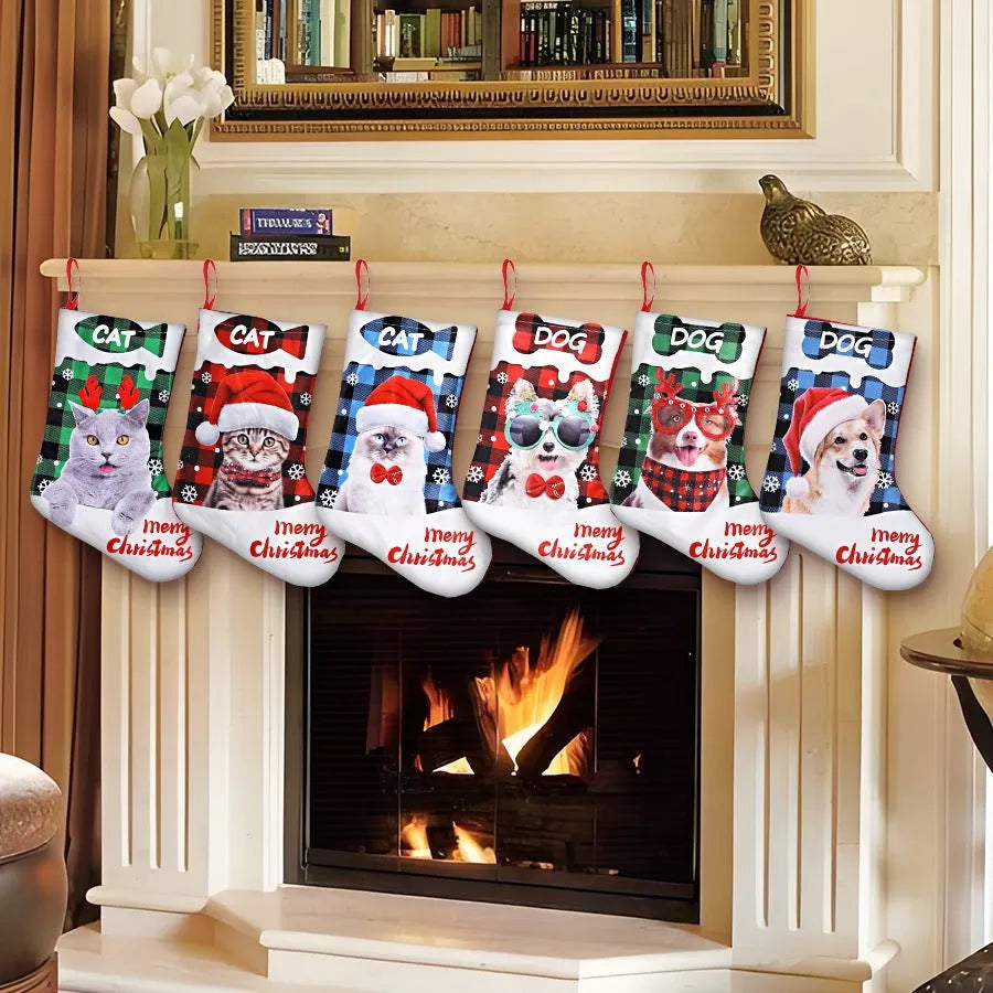 American Christmas fabric decoration panel with puppy and cat prints in traditional plaid colours