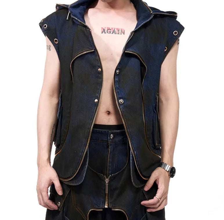 Blue hooded denim vest coat and matching trousers laid flat.