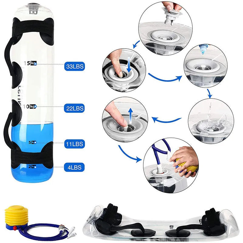 Transparent PVC portable weight-bearing fitness water bag 16x75cm (15kg) with three colour inks for customisation