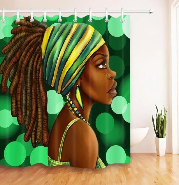 Vibrant Afro-urban printed shower curtain with modern building and African girl design