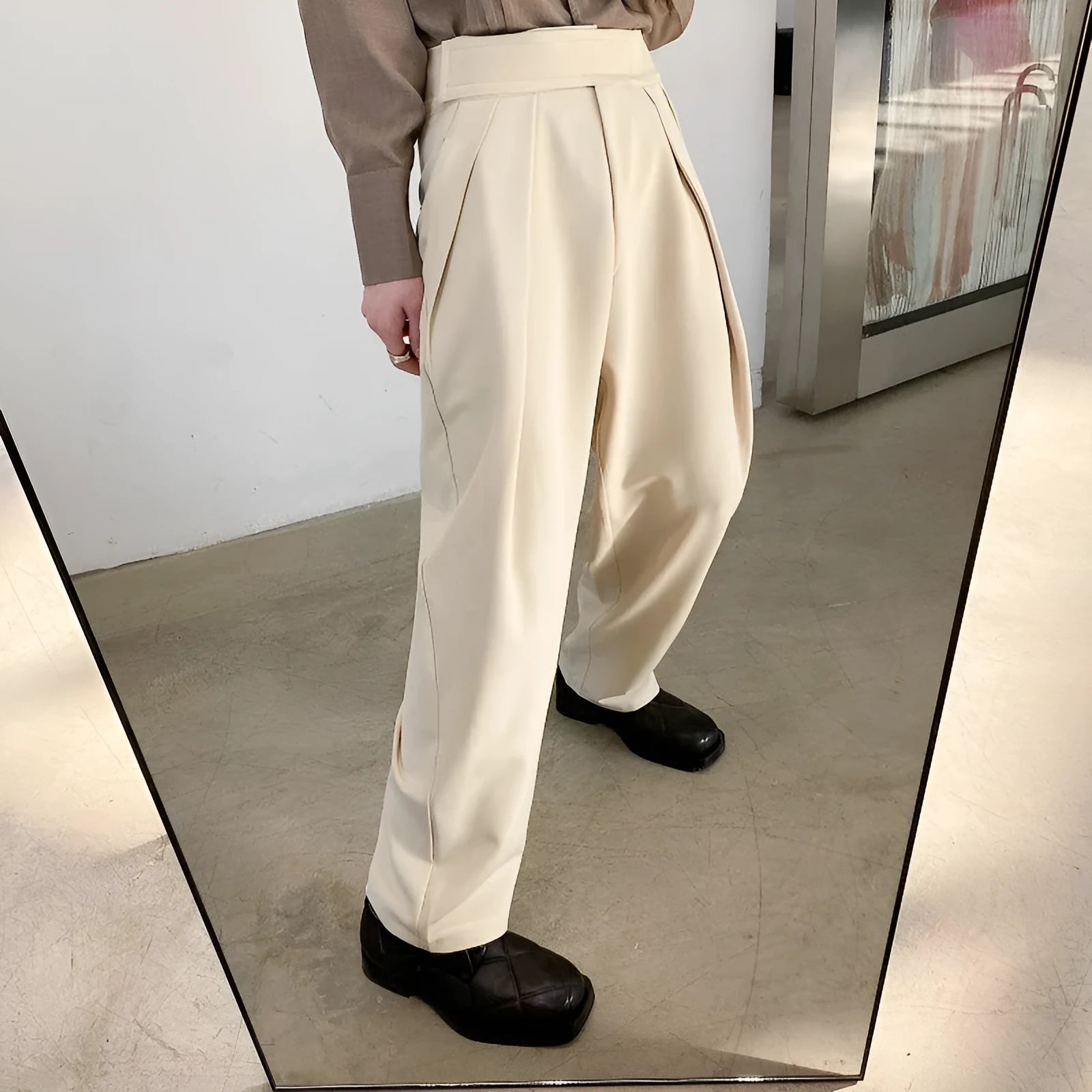 Men's cotton blend high waist straight tube harem trousers in apricot colour for business casual wear