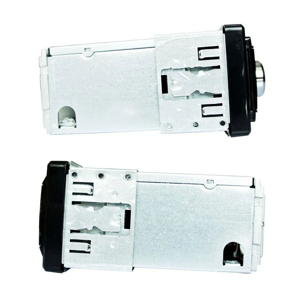 Car Bluetooth stereo receiver with front panel showing USB, SD card slots, and auxiliary input port