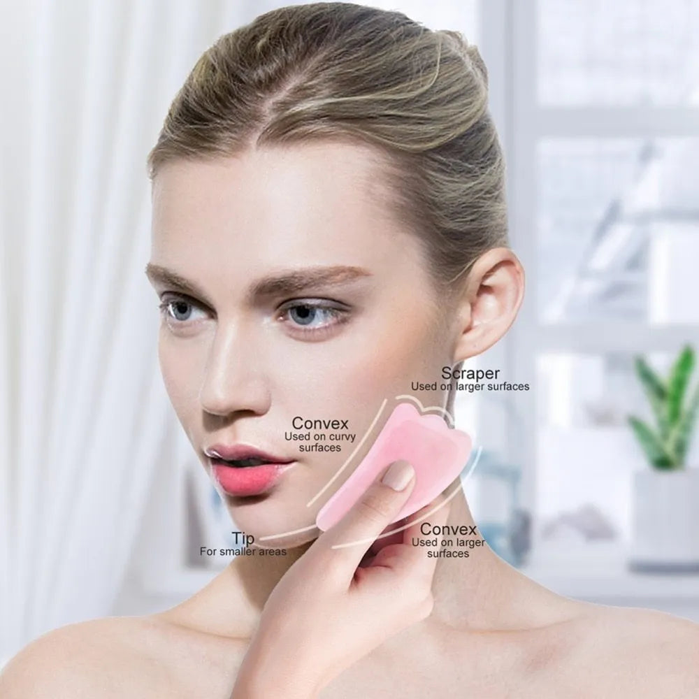 Jade roller massager with rose quartz gua sha stone, dual-sided natural jade facial tool for tension relief and skincare absorption.